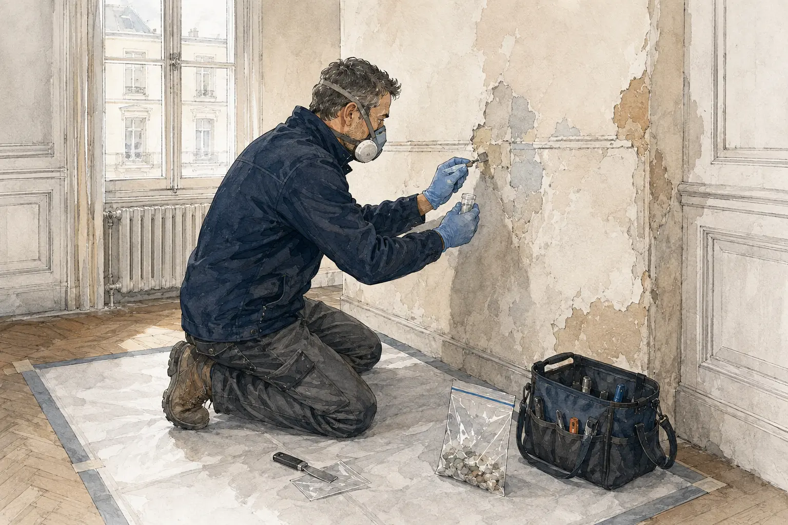 Illustrierte Fachperson bei einer gezielten Probenahme in einem Gebäude