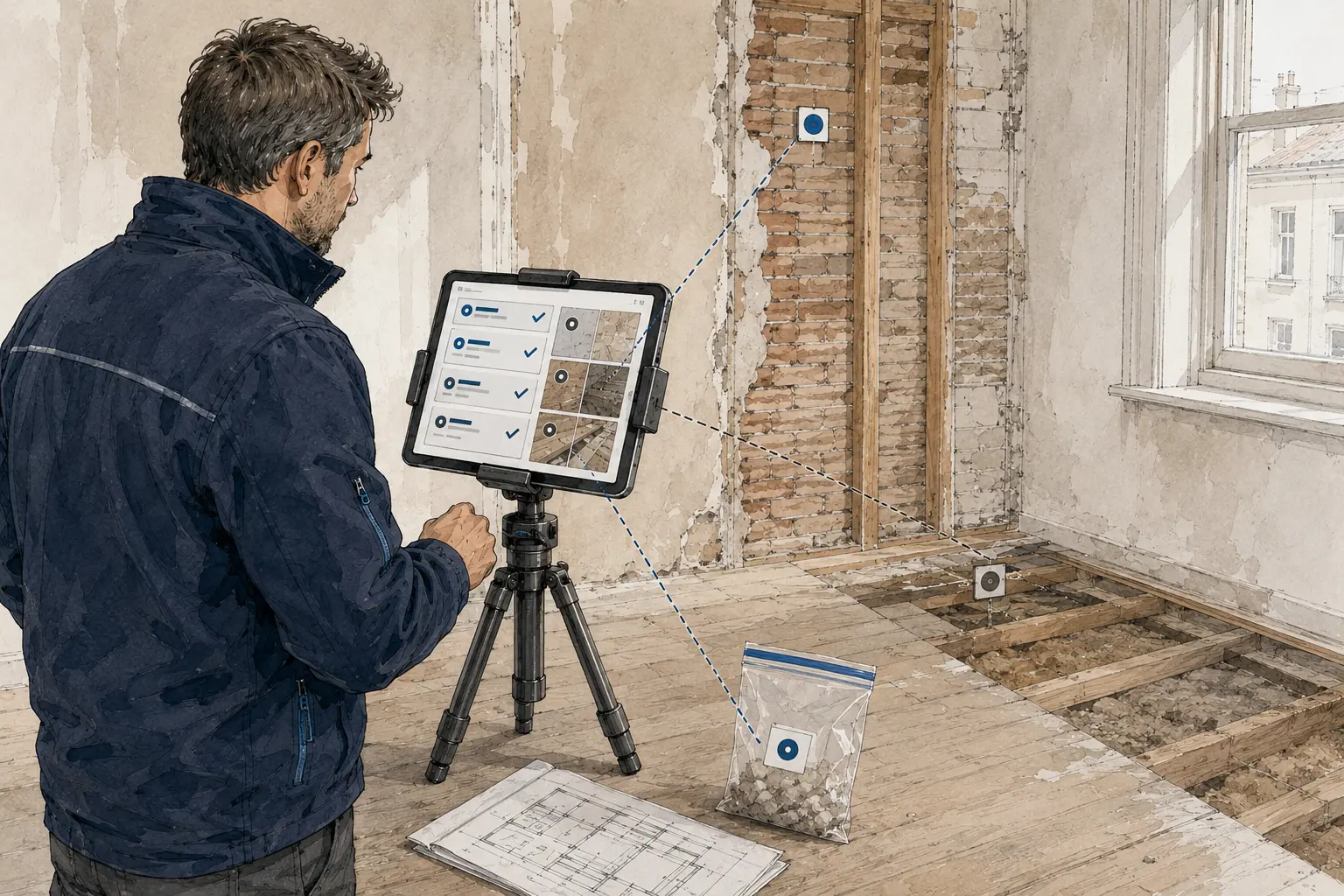 Illustrierte Fachperson bei der digitalen Felddokumentation mit ROSI